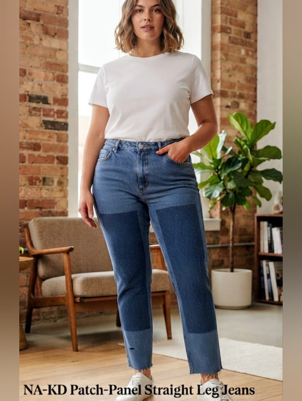 NA-KD Patch-Panel Straight Leg Jeans Blue Size 42 (L / W32)